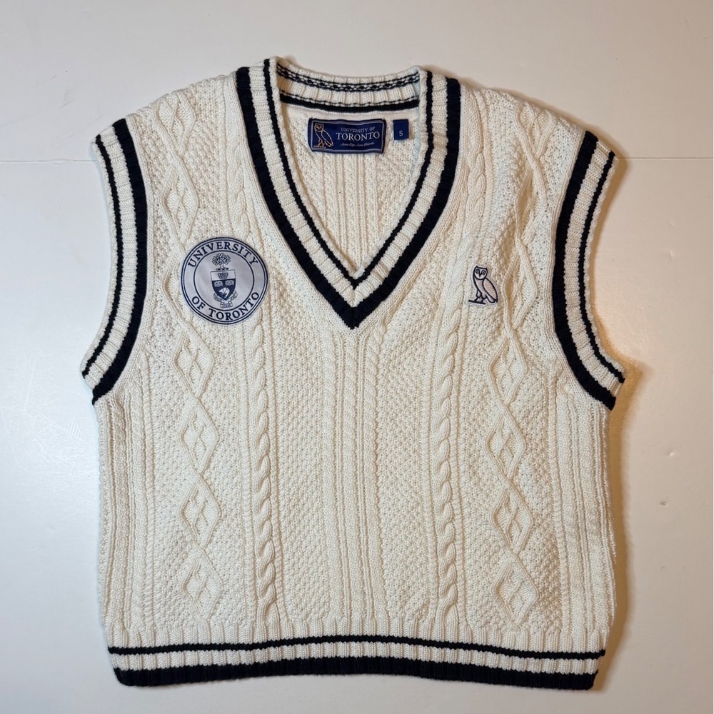 OVO University of Toronto Sweater Vest Small Cream Cable Knit Varsity Owl